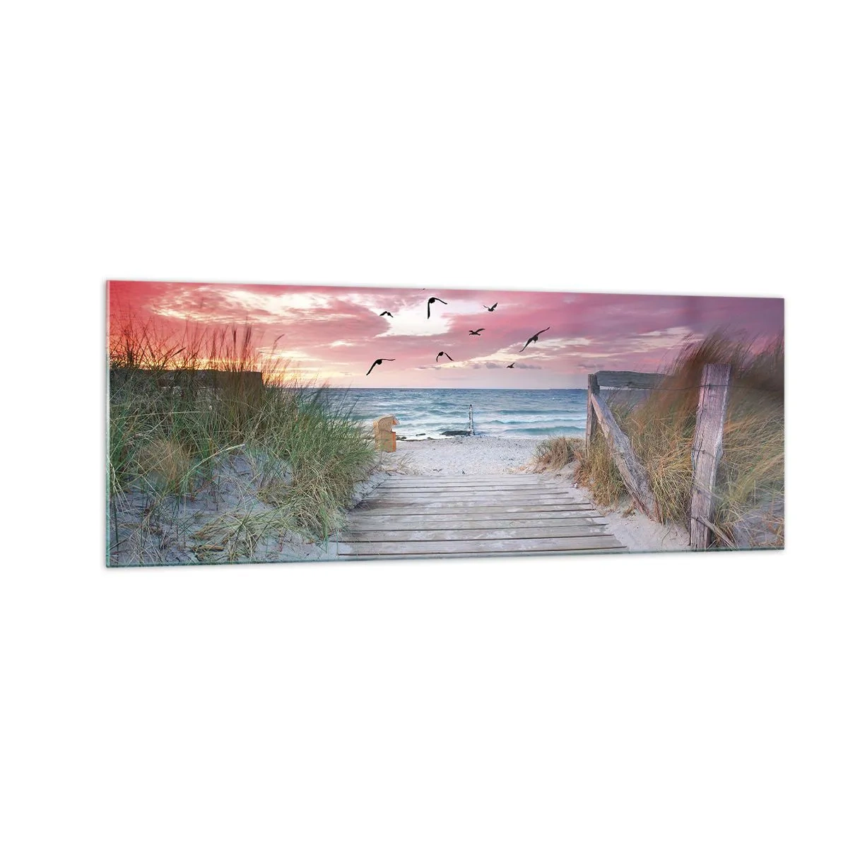Quadro su vetro - Sentiero in legno sulla spiaggia al tramonto rosa - 140x50cm - Impressioni baltiche - Decorazione murale moderna per soggiorno e camera da letto ARTTOR