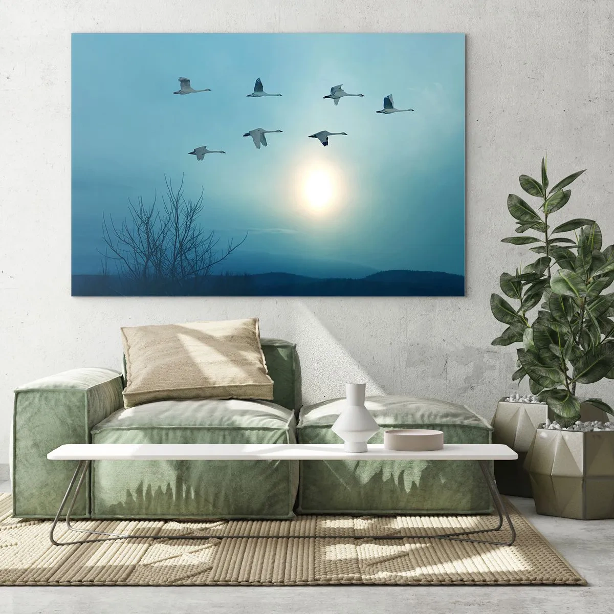Quadro su vetro - Cigni in volo sullo sfondo del sole al tramonto e di un paesaggio invernale - 70x50cm - Addio estate, quest'anno - Decorazione murale moderna per soggiorno e camera da letto ARTTOR