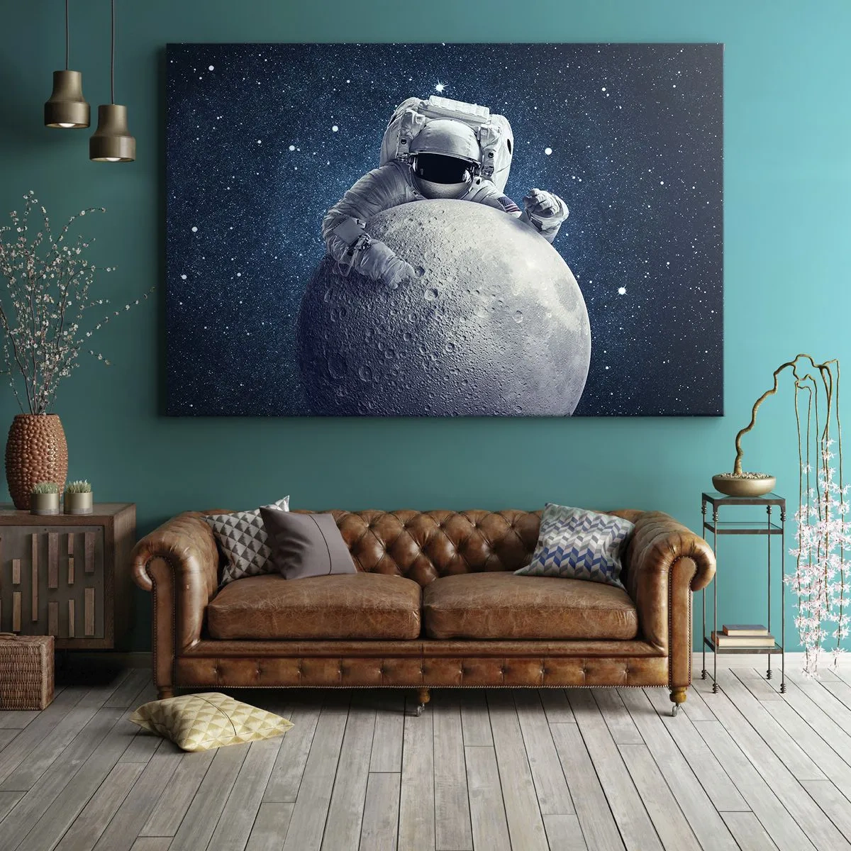 Quadro su tela - Stampe su Tela - Astronauta che tiene la luna contro un cielo stellato - 70x50cm - Burlone spaziale - Decorazione murale moderna per soggiorno e camera da letto ARTTOR