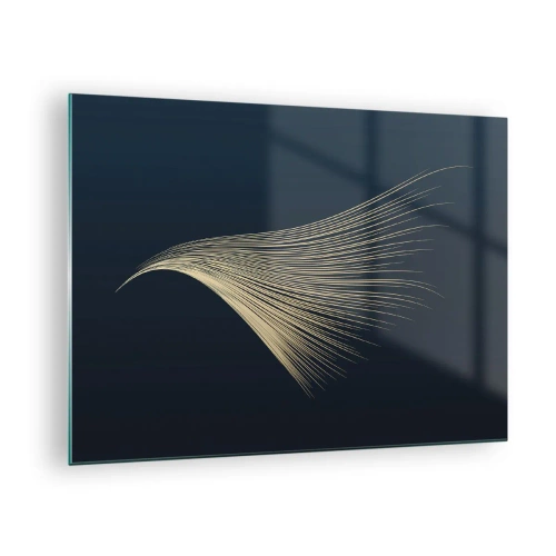 Quadro su vetro - Una linea dorata che ricorda un'ala su uno sfondo blu navy - 70x50cm - Come un capello d'angelo - Decorazione murale moderna per soggiorno e camera da letto ARTTOR