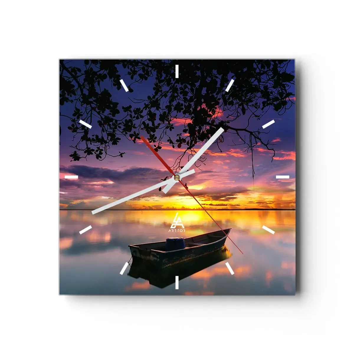 Orologio da parete - Orologio in Vetro - Una barca in acque calme al tramonto - 30x30cm - Ti sembra di essere sospeso nel cielo... - Decorazione murale moderna per soggiorno e camera da letto ARTTOR