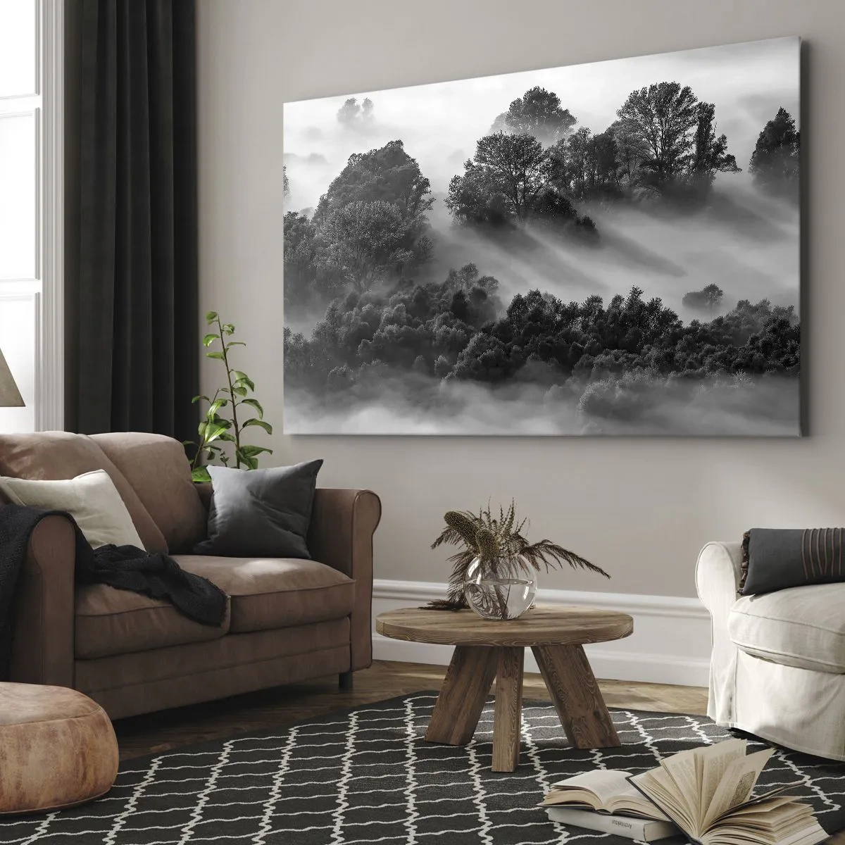 Quadro su tela - Stampe su Tela - Paesaggio forestale in bianco e nero nella nebbia mattutina - 100x70cm - Risveglio dal sonno - Decorazione murale moderna per soggiorno e camera da letto ARTTOR