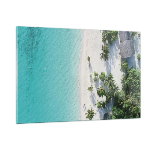 Quadro su vetro - Una vista a volo d'uccello di una spiaggia tropicale con palme e un mare turchese - 120x80cm - Vacanze in paradiso - Decorazione murale moderna per soggiorno e camera da letto ARTTOR