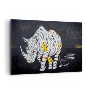Quadro su tela - Stampe su Tela - Un rinoceronte scolpito con strisce astratte su sfondo scuro. - 120x80cm - La pelle dura è un mito - Decorazione murale moderna per soggiorno e camera da letto ARTTOR