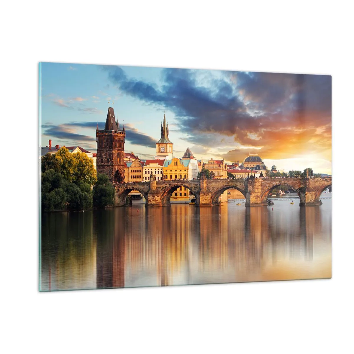 Quadro su vetro - Ponte Carlo al tramonto con pittoreschi edifici sullo sfondo - 120x80cm - Bella da secoli - Decorazione murale moderna per soggiorno e camera da letto ARTTOR