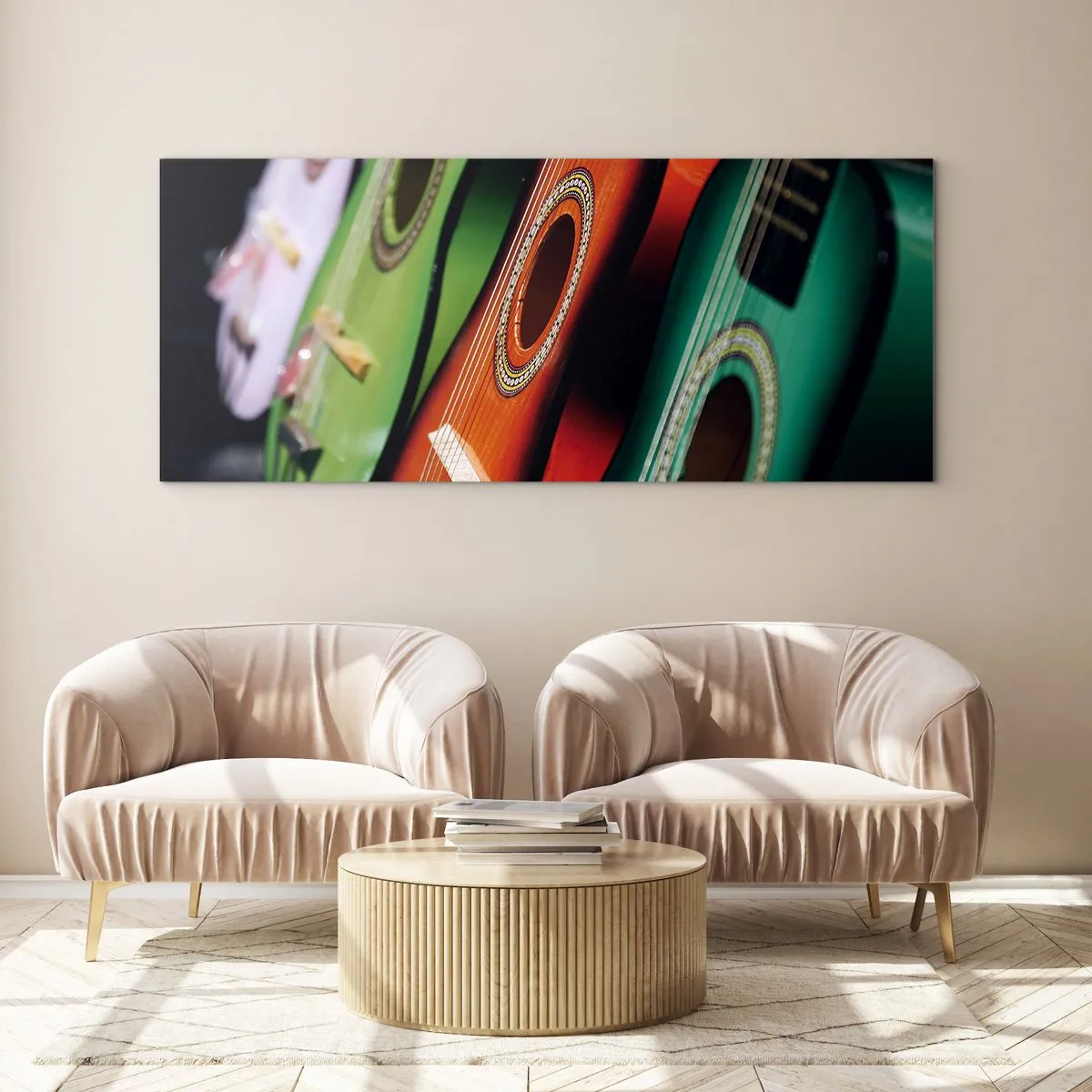 Quadro su vetro - La chitarra ha molti colori - 90x30 cm