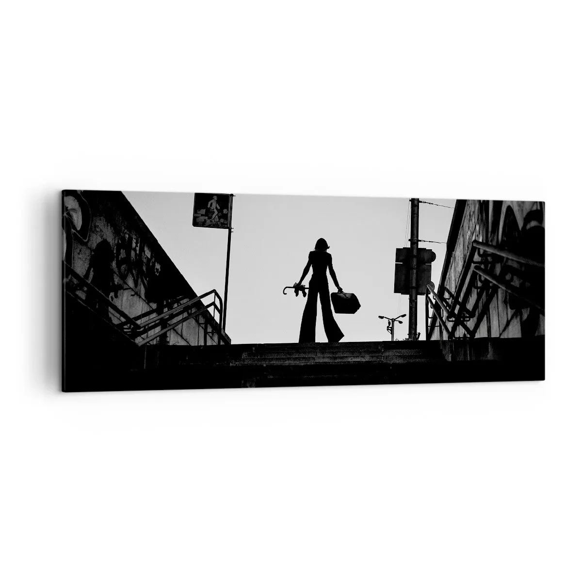 Quadro su tela - Stampe su Tela - Una figura femminile sulle scale in bianco e nero con un'atmosfera dinamica - 140x50cm - Gita cittadina - Decorazione murale moderna per soggiorno e camera da letto ARTTOR