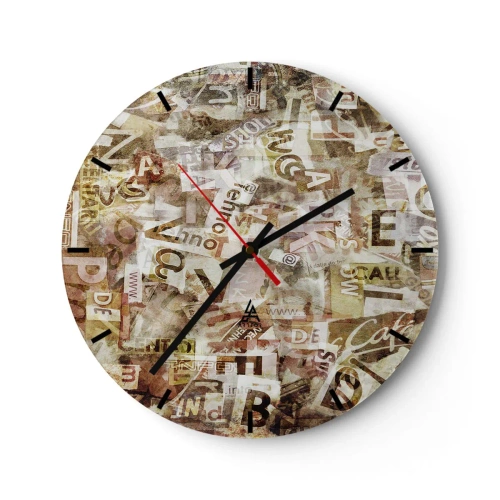 Orologio da parete - Orologio in Vetro - Composizione astratta con lettere nei toni del beige e del marrone - 30x30cm - Unificando le chiacchiere - Decorazione murale moderna per soggiorno, cucina e camera da letto ARTTOR