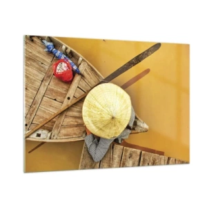 Quadro su vetro - Vista dall'alto di una barca e di una persona che indossa un cappello conico - 100x70cm - Vita sul Fiume Giallo - Decorazione murale moderna per soggiorno e camera da letto ARTTOR