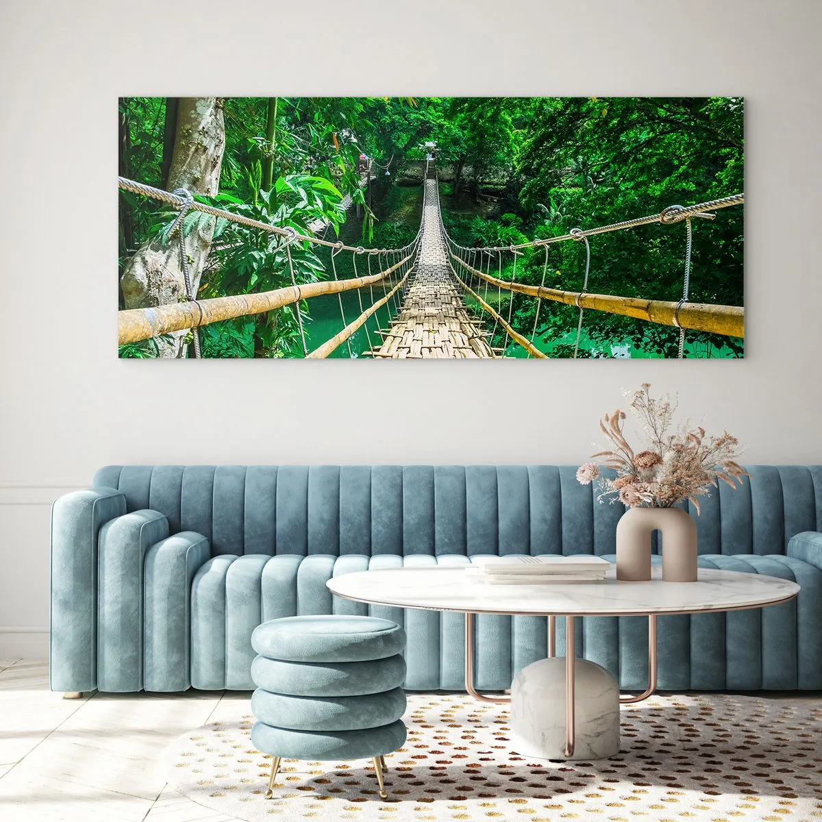 Quadro su vetro - Un ponte sospeso di bambù immerso nel verde - 140x50cm - Ponte sospeso sopra il verde - Decorazione murale moderna per soggiorno e camera da letto ARTTOR