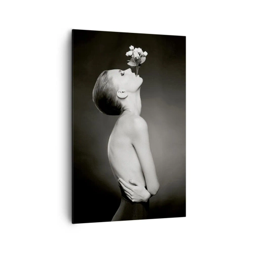 Quadro su tela - Stampe su Tela - Silhouette in bianco e nero di una donna con un fiore - 80x120cm - Eleganza eccentrica - Decorazione murale moderna per soggiorno e camera da letto ARTTOR