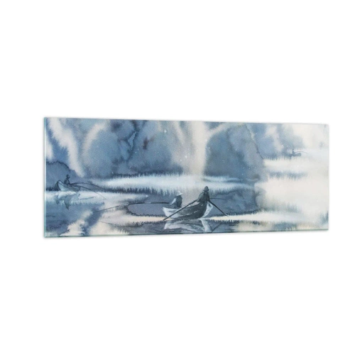 Quadro su vetro - Paesaggio ad acquerello con barche su un lago circondato da una foresta nebbiosa - 140x50cm - I pescatori nel loro paradiso - Decorazione murale moderna per soggiorno e camera da letto ARTTOR