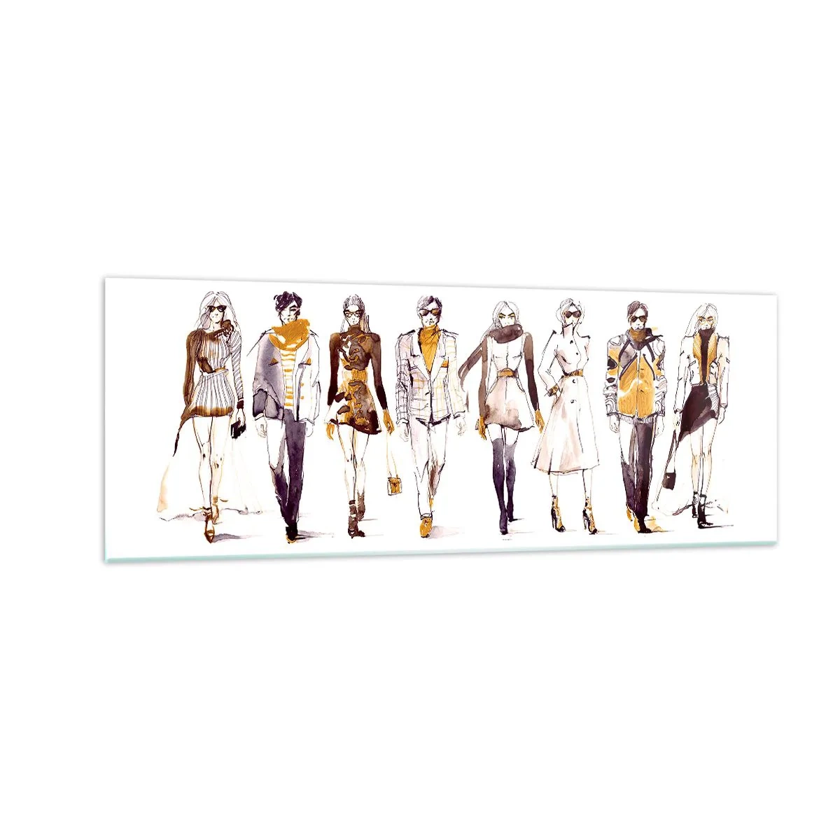 Quadro su vetro - Schizzo di un gruppo di persone in abiti alla moda - 140x50cm - Chic naturale, eleganza casual - Decorazione murale moderna per soggiorno e camera da letto ARTTOR