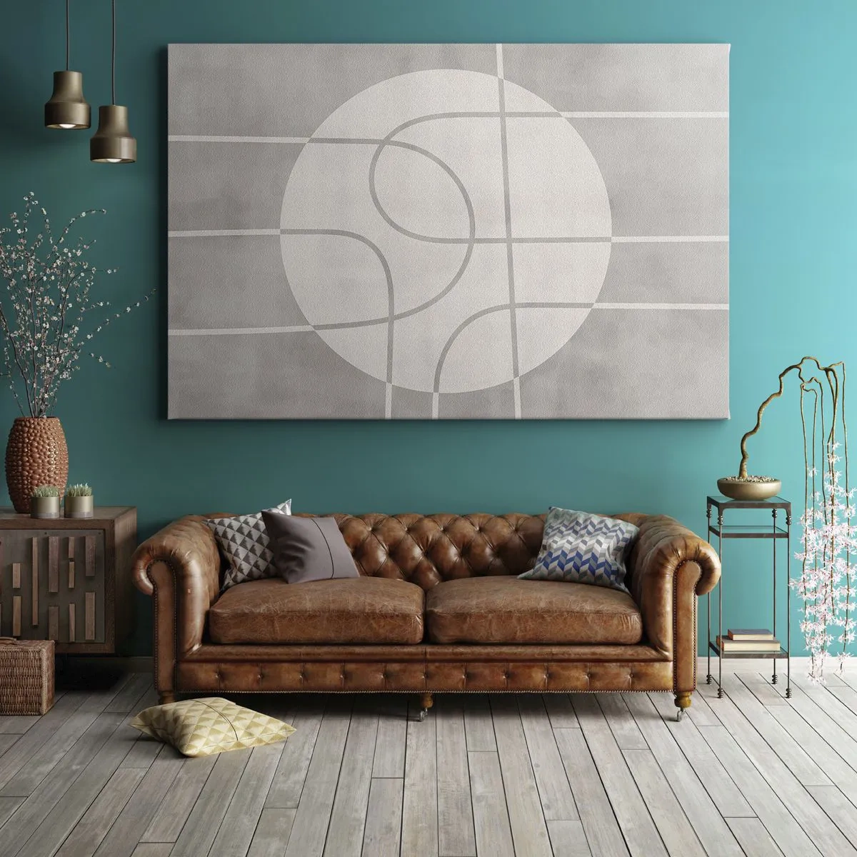 Quadro su tela - Stampe su Tela - Motivo geometrico nei toni del grigio e del bianco - 70x50cm - Tondo e dritto - Decorazione murale moderna per soggiorno e camera da letto ARTTOR