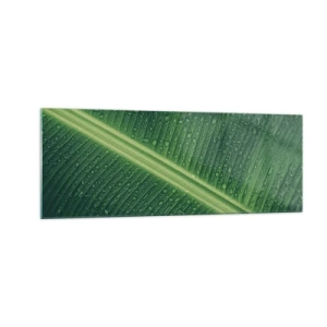Quadro su vetro - Una foglia verde con gocce d'acqua sulla sua superficie - 140x50cm - La struttura del verde - Decorazione murale moderna per soggiorno e camera da letto ARTTOR