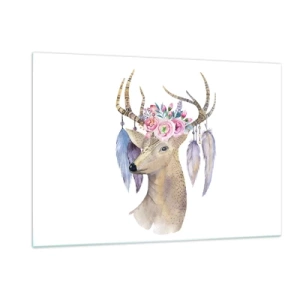 Quadro su vetro - Cervo con corona di fiori e piume - 120x80cm - Guida delle anime: delicato e innocente - Decorazione murale moderna per soggiorno e camera da letto ARTTOR