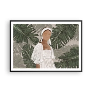 Poster in cornice nera - Ritratto di una donna in abito bianco su uno sfondo di foglie di monstera - 100x70cm - Ritratto esotico - Decorazione murale moderna per soggiorno e camera da letto ARTTOR