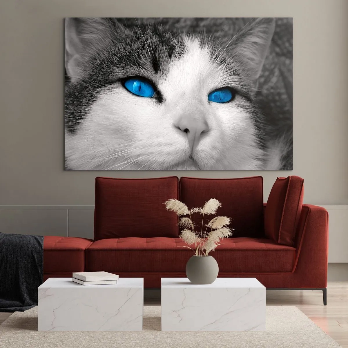 Quadro su vetro - Una foto in bianco e nero di un gatto con intensi occhi blu. - 100x70cm - Insoliti occhi azzurri - Decorazione murale moderna per soggiorno e camera da letto ARTTOR