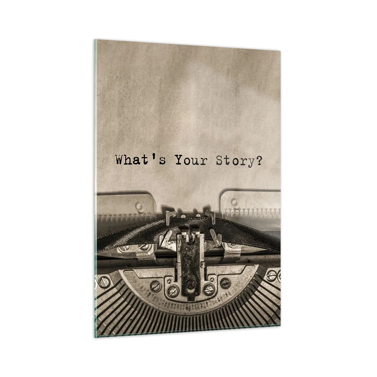 Quadro su vetro - Primo piano di una macchina da scrivere con il testo "Qual è la tua storia?" - 50x70cm - Rispondimi - Decorazione murale moderna per soggiorno e camera da letto ARTTOR