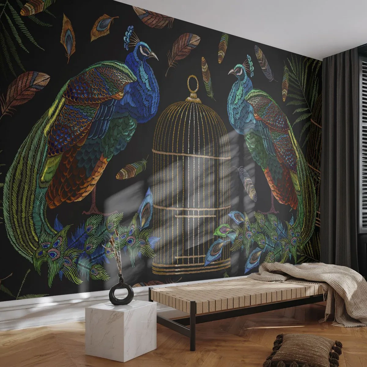 Fotomurali Standard Eco - Due pavoni accanto a una gabbia dorata su sfondo nero - 100x70cm - Con gli abiti reali - Decorazione murale moderna per soggiorno e camera da letto ARTTOR