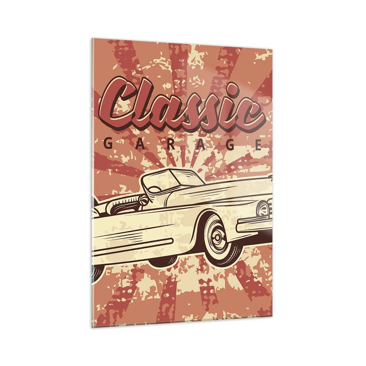 Quadro su vetro - Grafica retrò di un'auto d'epoca su uno sfondo di raggi - 50x70cm - E alla radio Elvis - Decorazione murale moderna per soggiorno e camera da letto ARTTOR