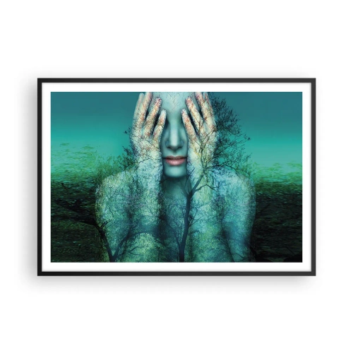 Poster in cornice nera - Una figura femminile con un motivo ad albero su uno sfondo paesaggistico turchese - 100x70cm - Immersa nel blu - Decorazione murale moderna per soggiorno e camera da letto ARTTOR