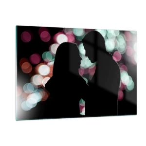 Quadro su vetro - Silhouette di una coppia su uno sfondo di luci bokeh colorate - 120x80cm - Si! - Decorazione murale moderna per soggiorno e camera da letto ARTTOR