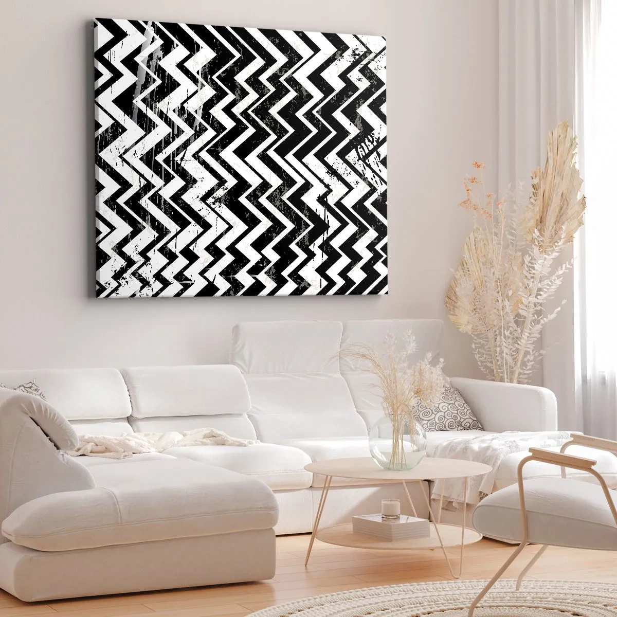 Quadro su tela - Stampe su Tela - Motivo a zigzag bianco e nero con abrasioni artistiche - 100x70cm - Zig-bianco, zag-nero - Decorazione murale moderna per soggiorno e camera da letto ARTTOR