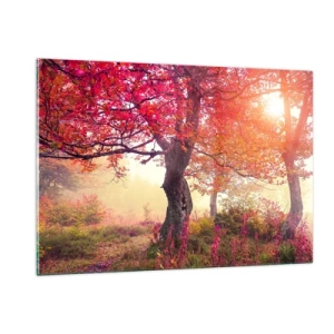 Quadro su vetro - Foresta autunnale con raggi di sole al mattino - 120x80cm - L'esplosione della fioritura - Decorazione murale moderna per soggiorno e camera da letto ARTTOR