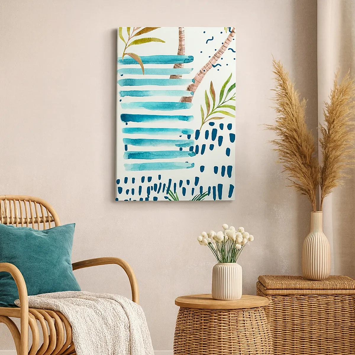 Quadro su tela - Stampe su Tela - Motivo astratto con palme e accenti nautici - 50x70cm - Vacanze sotto le palme - Decorazione murale moderna per soggiorno e camera da letto ARTTOR