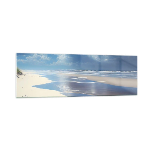 Quadro su vetro - Una spiaggia sabbiosa con onde sotto un cielo azzurro - 160x50cm - Vacanze in paradiso - Decorazione murale moderna per soggiorno e camera da letto ARTTOR