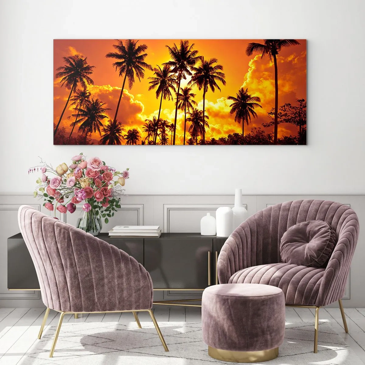 Quadro su vetro - Palme contro un cielo dorato durante un tramonto tropicale - 160x50cm - Bruciano i monti, bruciano i boschi - Decorazione murale moderna per soggiorno e camera da letto ARTTOR