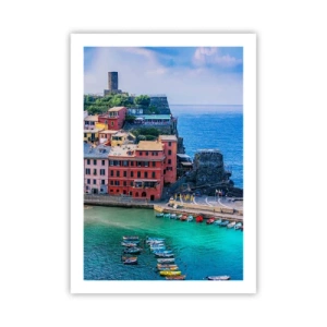 Poster - Una città colorata sul mare blu - 50x70cm - Magica cittadina mediterranea - Decorazione murale moderna per soggiorno e camera da letto ARTTOR
