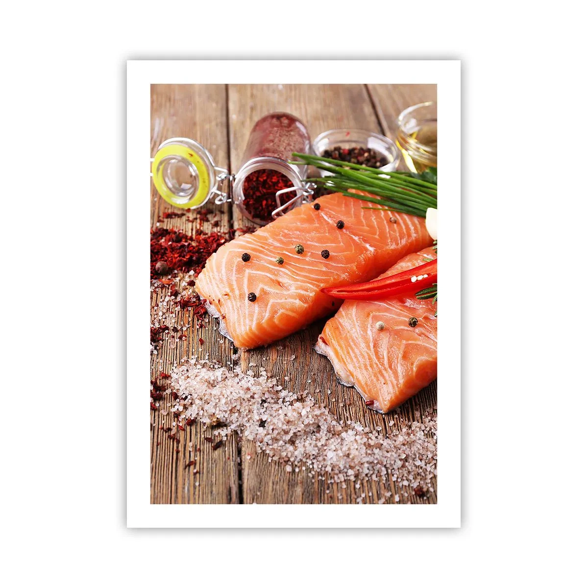 Poster - Filetti di salmone con spezie su fondo rustico - 50x70cm - Avventura norvegese in cucina - Decorazione murale moderna per soggiorno e camera da letto ARTTOR