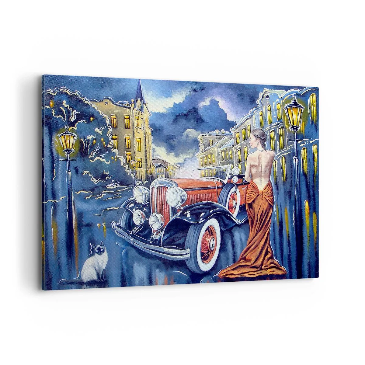 Quadro su tela - Stampe su Tela - Una donna in un abito elegante accanto a un'auto d'epoca di notte - 120x80cm - Notturno in blu e coralli - Decorazione murale moderna per soggiorno e camera da letto ARTTOR