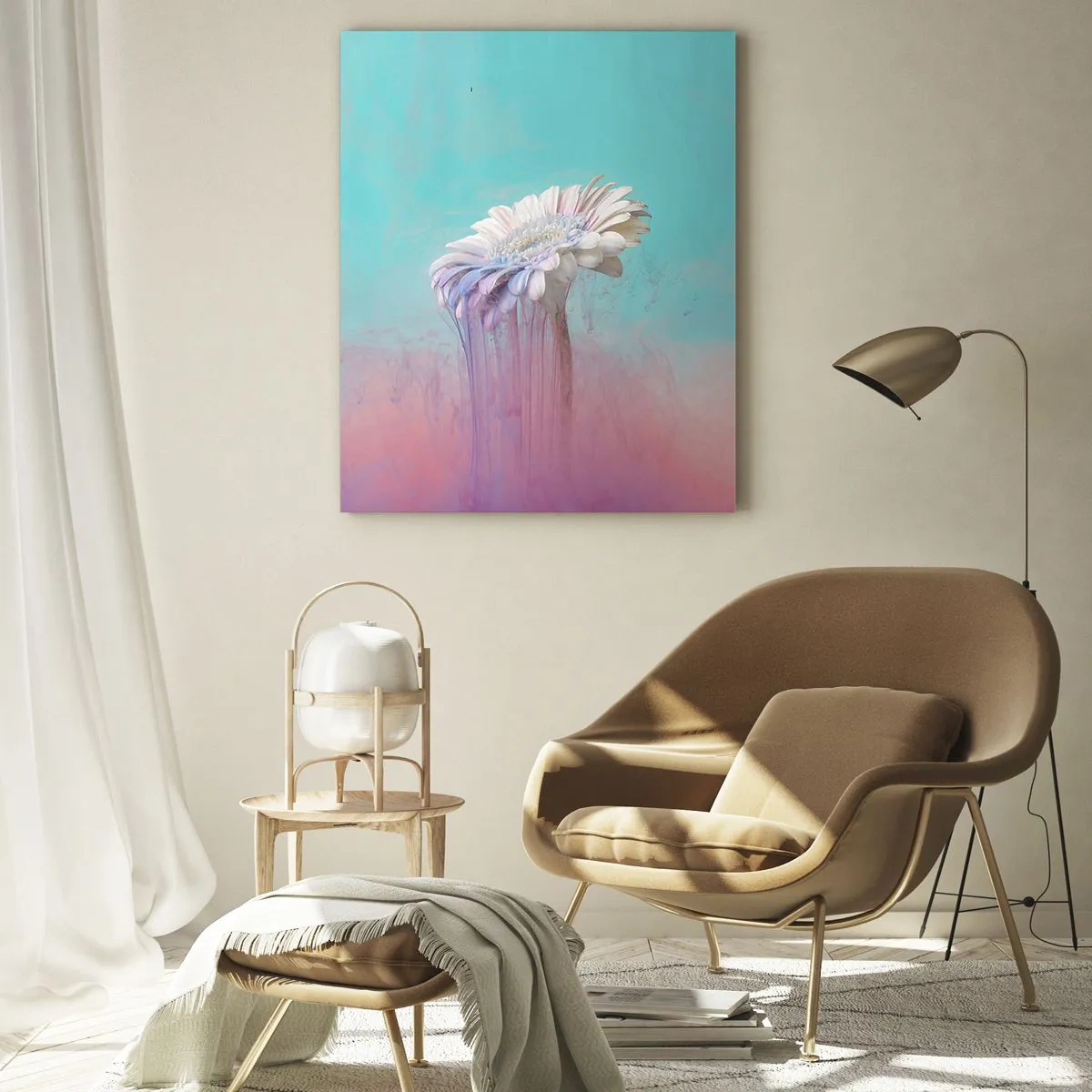 Quadro su vetro - Un fiore delicato immerso nelle tonalità pastello del blu e del rosa - 50x70cm - L'aldilà dei fiori - Decorazione murale moderna per soggiorno e camera da letto ARTTOR