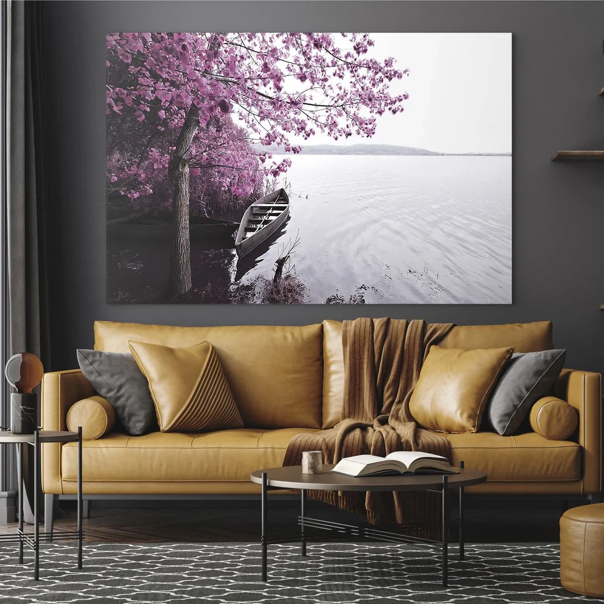 Quadro su vetro - Una barca sulla riva con un albero rosa sull'acqua - 120x80cm - Nel silenzio rosa - Decorazione murale moderna per soggiorno e camera da letto ARTTOR