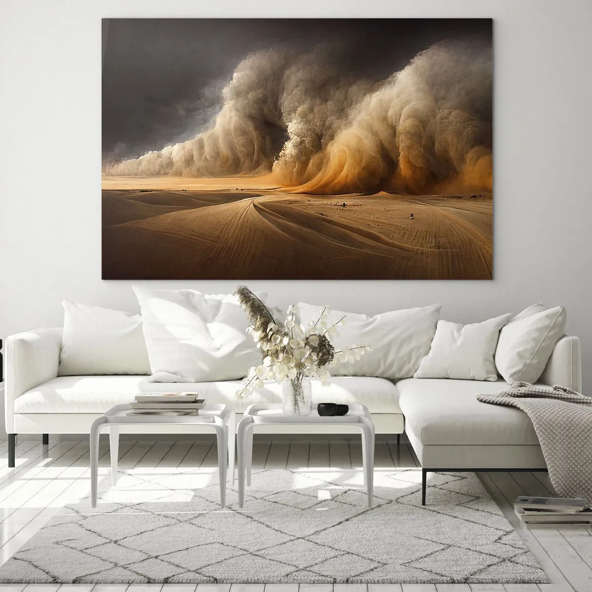 Quadro su vetro - Una tempesta di sabbia sul deserto in una luce spettacolare - 100x70cm - L'ira del deserto - Decorazione murale moderna per soggiorno e camera da letto ARTTOR