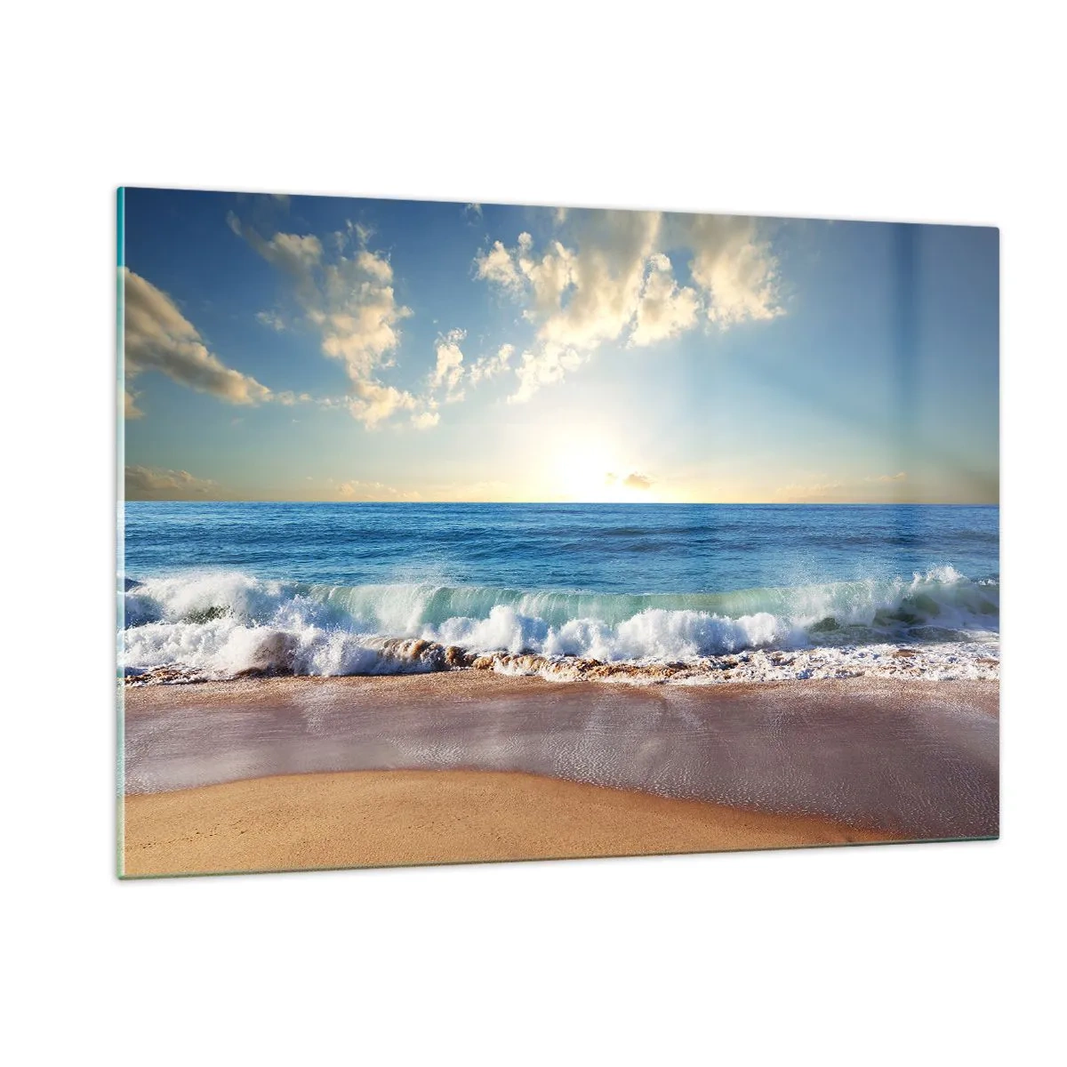 Quadro su vetro - Onde dell'oceano che si infrangono su una spiaggia dorata all'alba - 120x80cm - Insieme movimento e immobilità - Decorazione murale moderna per soggiorno e camera da letto ARTTOR