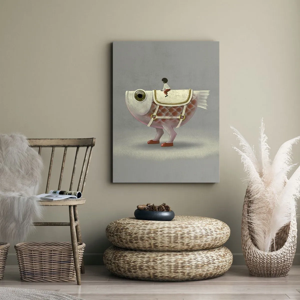 Quadro su tela - Stampe su Tela - Un fantasioso cavaliere di pesce con gambe e sella - 50x70cm - Il cavaliere del pesce - Decorazione murale moderna per soggiorno e camera da letto ARTTOR