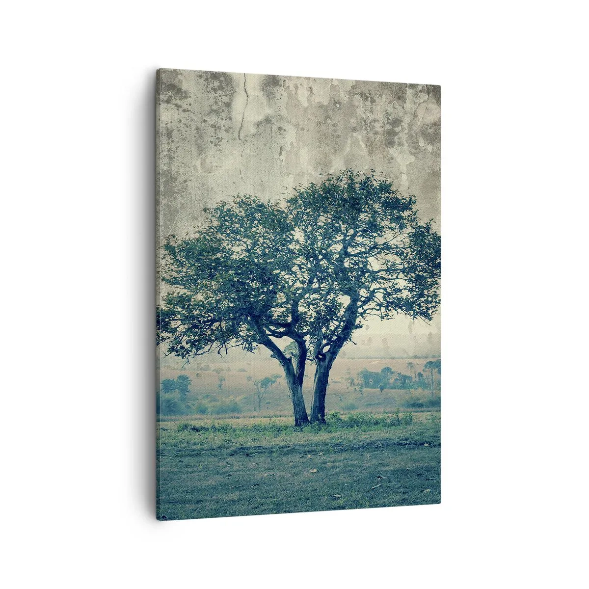 Quadro su tela - Stampe su Tela - Un albero solitario contro un paesaggio nebbioso - 50x70cm - Un melo su un prato blu? - Decorazione murale moderna per soggiorno e camera da letto ARTTOR