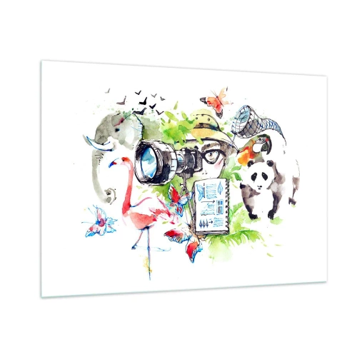 Quadro su vetro - Illustrazione di un fotografo con una macchina fotografica e animali - 100x70cm - Nell'obiettivo del viaggiatore - Decorazione murale moderna per soggiorno e camera da letto ARTTOR