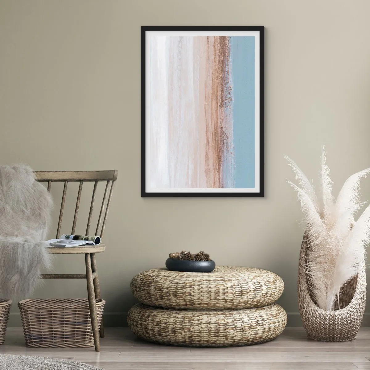 Poster in cornice nera - Astrazione minimalista nei colori della spiaggia e del mare - 50x70cm - Paesaggio incerto - Decorazione murale moderna per soggiorno e camera da letto ARTTOR