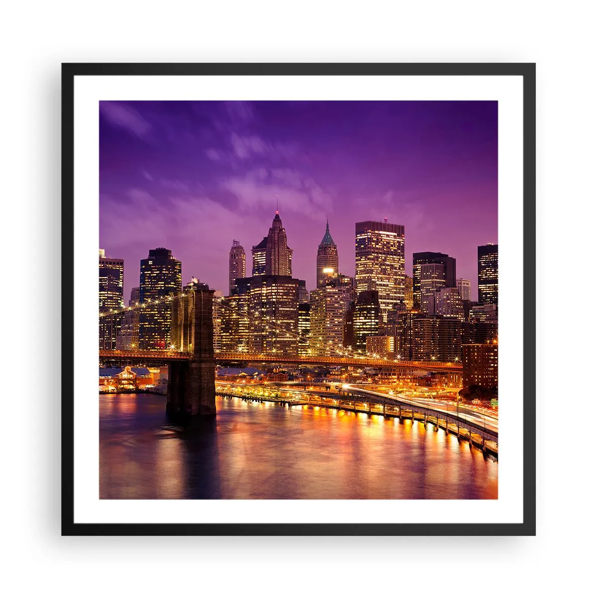 Poster in cornice nera - Manhattan in viola e oro - 60x60 cm