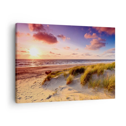 Quadro su tela - Stampe su Tela - Una spiaggia erbosa e un tramonto su un mare calmo - 70x50cm - L'aria già profuma di estate - Decorazione murale moderna per soggiorno e camera da letto ARTTOR