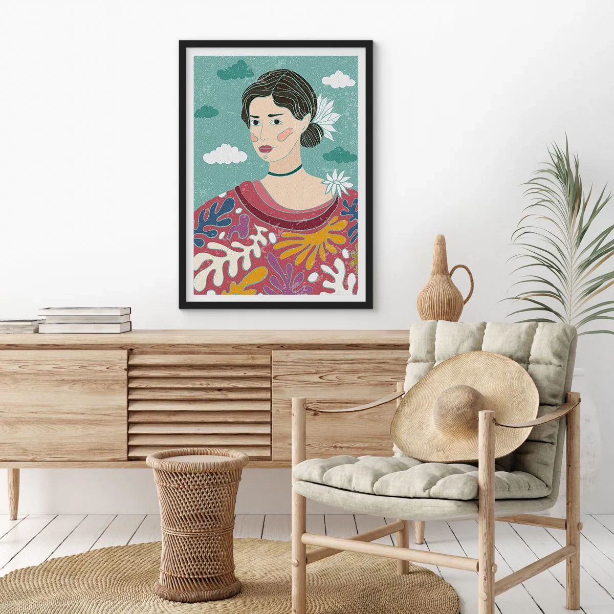 Poster in cornice nera - Ritratto di una donna con un abito colorato e stilizzato su uno sfondo di nuvole. - 50x70cm - Con la malinconia nello sguardo - Decorazione murale moderna per soggiorno e camera da letto ARTTOR