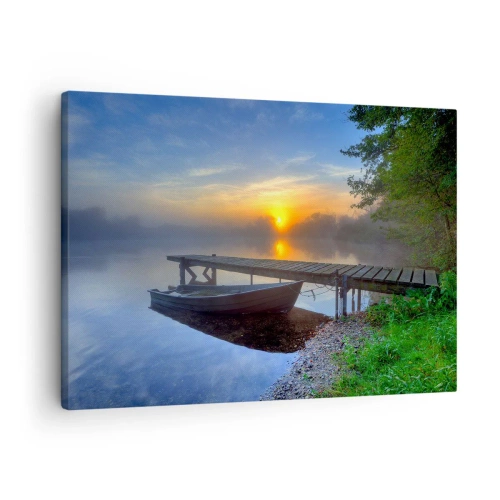 Quadro su tela - Stampe su Tela - Un molo sul lago all'alba con una barca sulla riva - 70x50cm - Come la normalità diventa magica - Decorazione murale moderna per soggiorno e camera da letto ARTTOR