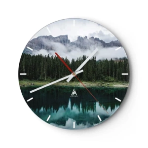 Orologio da parete - Orologio in Vetro - Montagne nebbiose e foreste riflesse in un calmo lago di montagna - 30x30cm - Silenzio, non svegliamo l'acqua che dorme... - Decorazione murale moderna per soggiorno, cucina e camera da letto ARTTOR