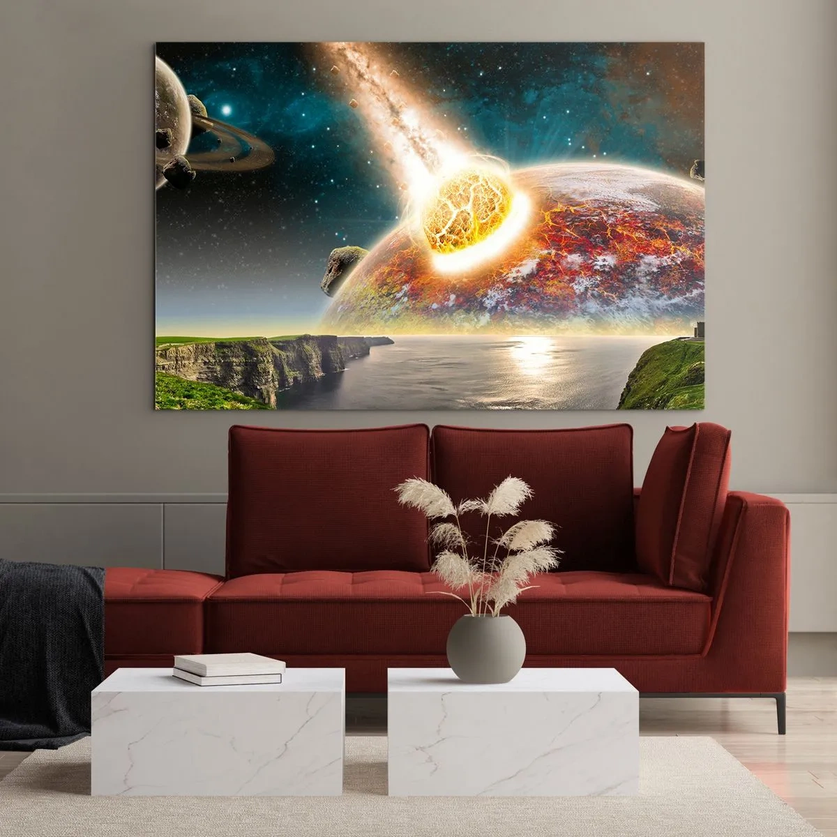 Quadro su vetro - Un meteorite si scontra con un pianeta nello spazio. - 70x50cm - Dramma cosmico - Decorazione murale moderna per soggiorno e camera da letto ARTTOR
