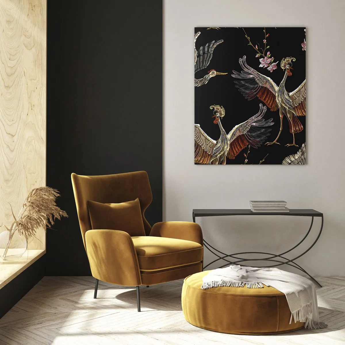 Quadro su vetro - Uccelli in volo con fiori su sfondo nero, stile retrò - 50x70cm - Uccello fantastico - Decorazione murale moderna per soggiorno e camera da letto ARTTOR